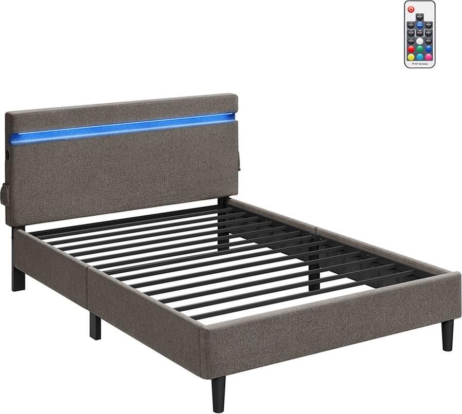 Woon Wereld Metalen tweepersoonsbed 140 x 200 cm LED-verlichting donkergrijs