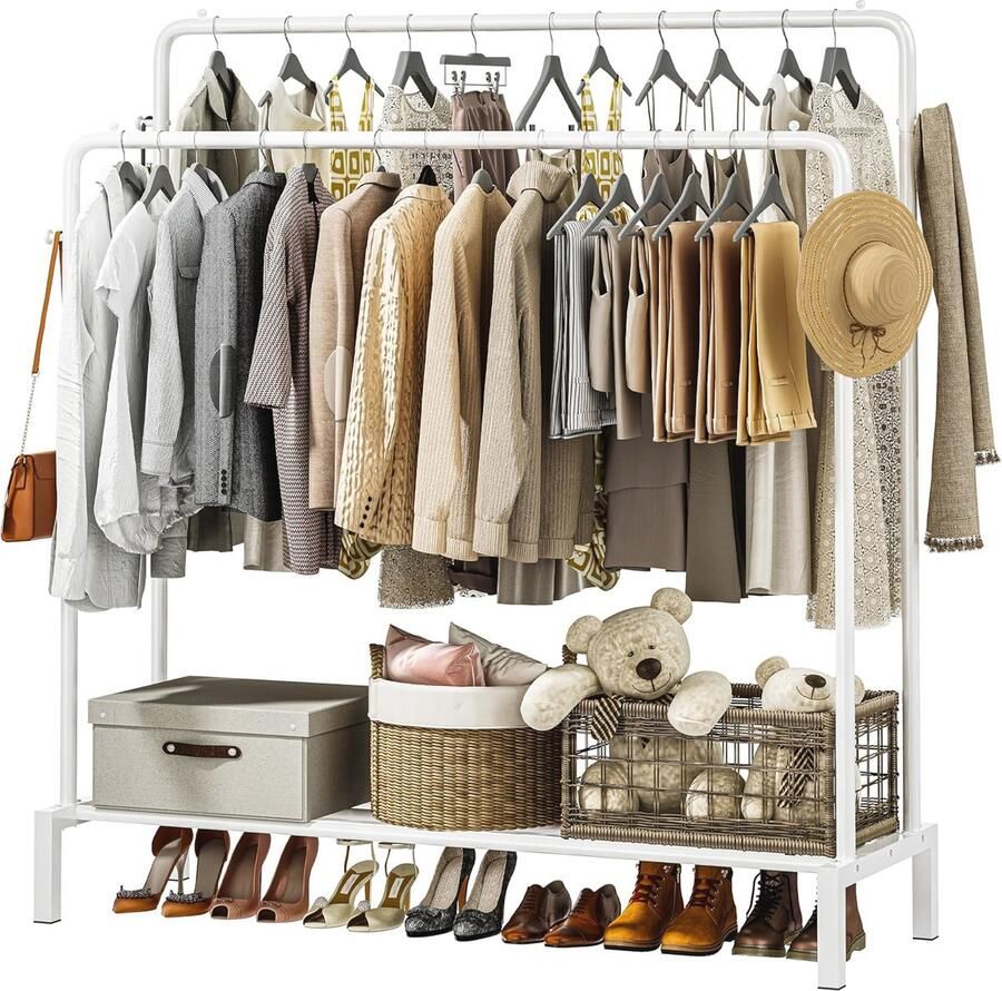 Metalen Vrijstaand Kledingrek met Dubbele Stang en Haken Multifunctionele Kapstok voor Kledingopslag