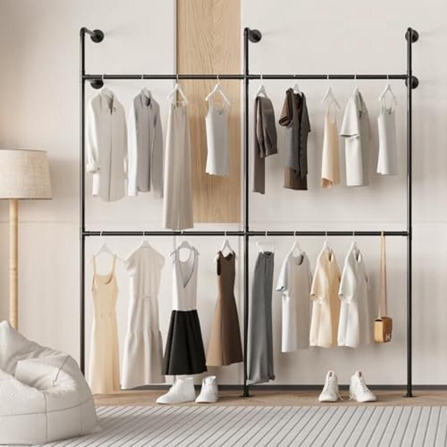 Metalen Wandgarderobe met Industrieel Ontwerp Kledingrek met Twee Zuilen en Twee Lagen 203 x 220 cm