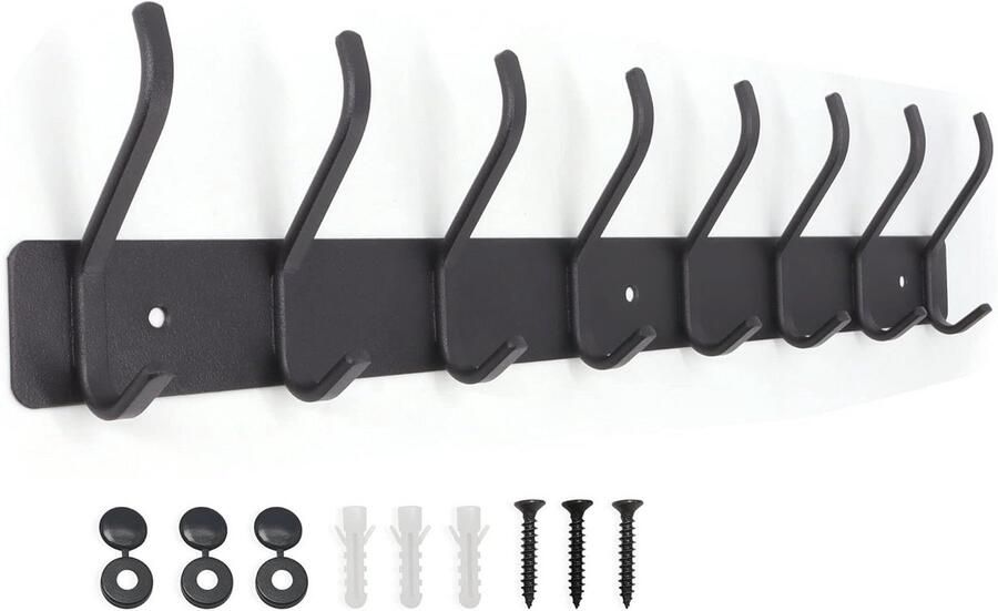 Metalen wandkapstok met 8 haken voor slaapkamer en badkamer Zwart