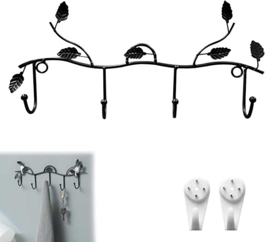 Metalen wandkapstok met bladvorm en 4 haken Zwart wandhaken voor entree en slaapkamer