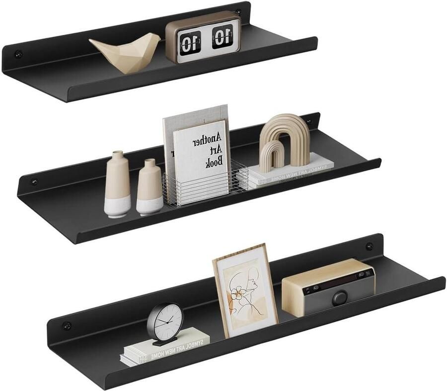 Metalen wandplanken set van 3 zwevende planken industriële stijl voor decoratie fotolijsten snuisterijen 6 schroeven inbegrepen meerdere indelingen zwart LFS12BK