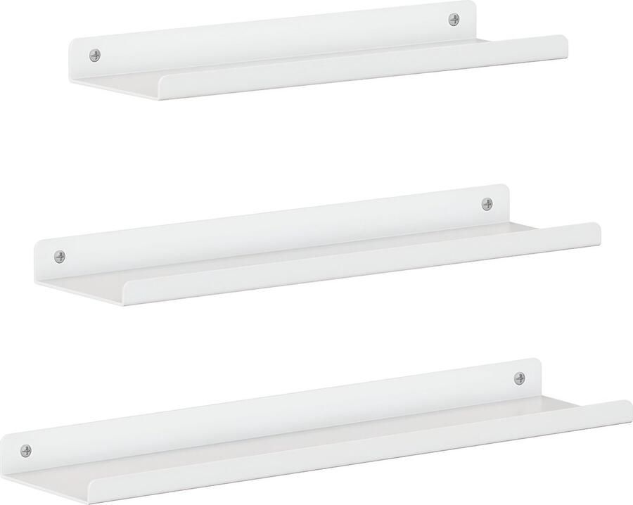 Metalen wandplanken set van 3 zwevende planken industriële stijl voor decoraties fotolijsten snuisterijen 6 schroeven inbegrepen meerdere indelingen wit