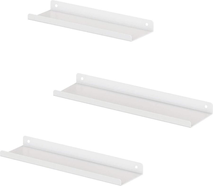 Metalen wandplanken set van 3 zwevende planken industriële stijl voor decoraties fotolijsten snuisterijen 6 schroeven inbegrepen meerdere indelingen wit