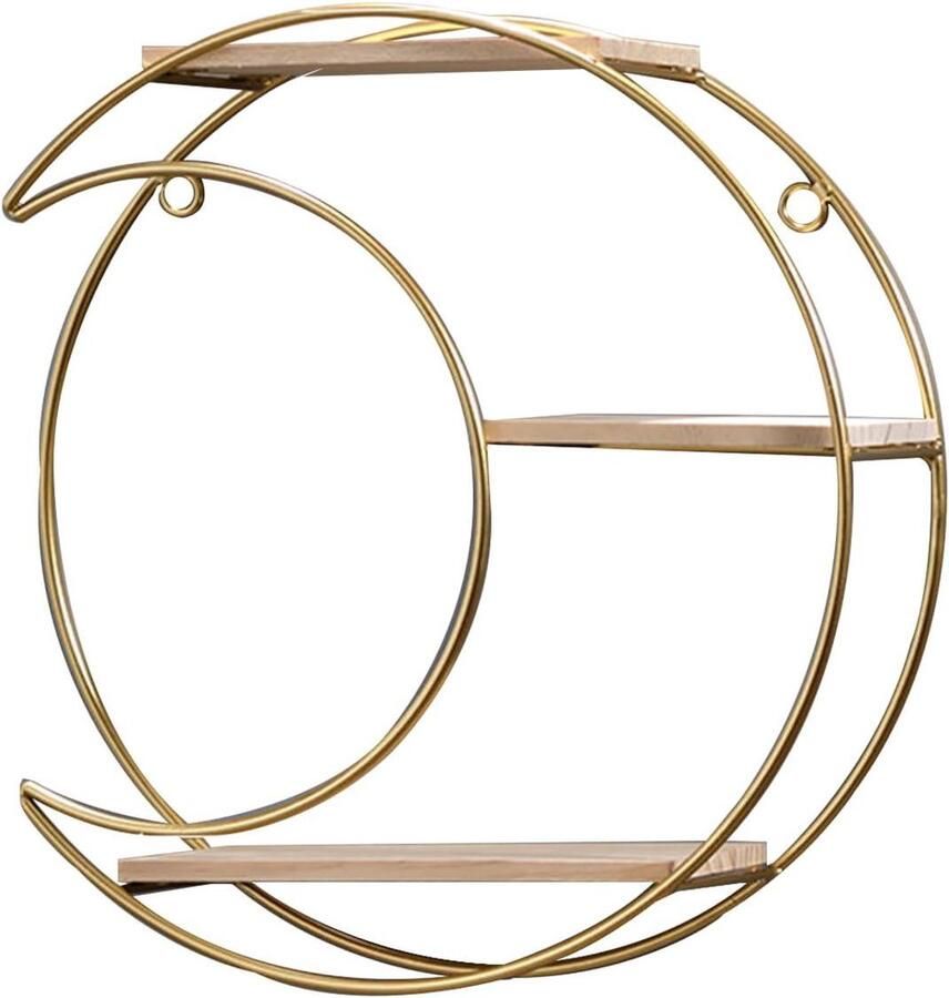 Metalen Wandrek met Houten Vloeren Moderne Wanddecoratie 1 stuk Zwart Metaal Hout Ø 60 cm