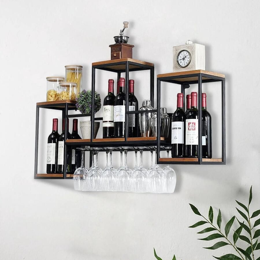 Metalen wandrek Metalen wijnrek voor aan de wand industrieel Metaal hout