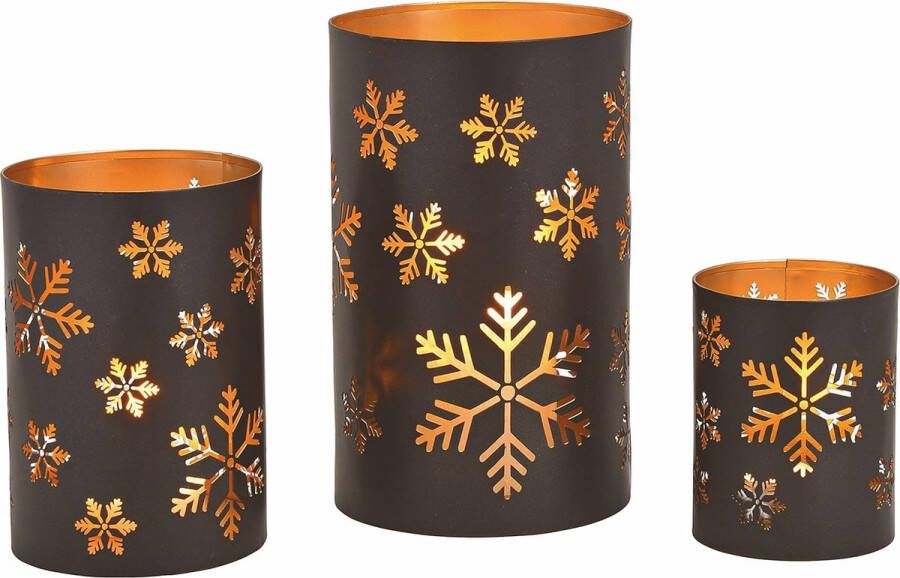 Metalen windlicht sneeuwvlokken set van 3 20 15 13 cm winter decoratie tafellantaarn in zwart tafel kaarsen lantaarn houder met lichtspel Kerstmis advent sfeerlicht