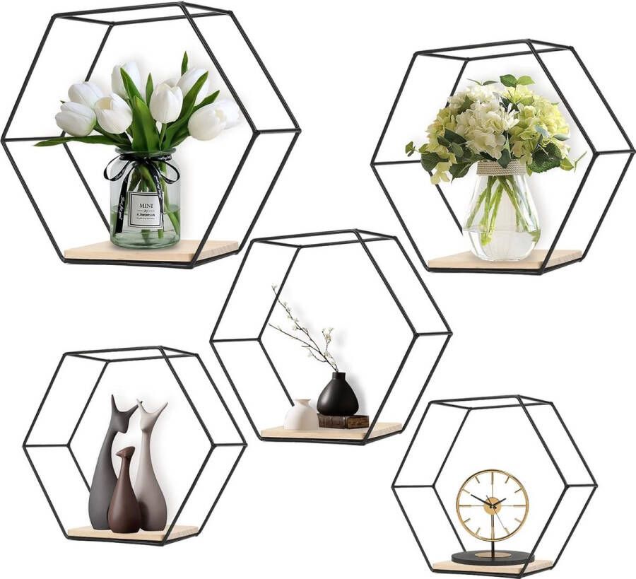 Metalen zeshoek wandplank Europese zeshoek geometrisch lijnontwerp wandplank met houten planken voor thuis studeerkamer slaapkamer woonkamer hal (zwart x 5)