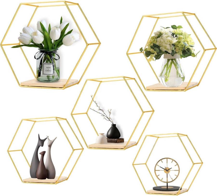Metalen zeshoek wandrek Europese zeshoek geometrische lijn design wandrek met houten planken voor woning studeerkamer slaapkamer woonkamer hal (goud * 5)