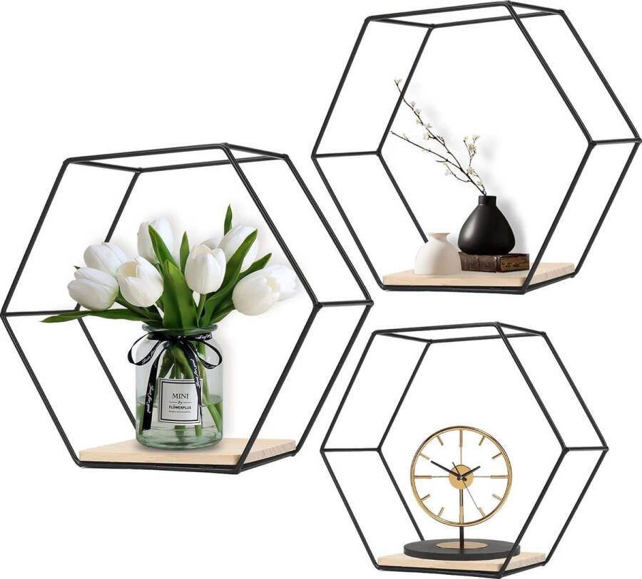 Metalen zeshoekige wandrek Europese zeshoekige geometrische lijn design wandrek met houten planken voor woning werkkamer slaapkamer woonkamer hal (zwart x 3)