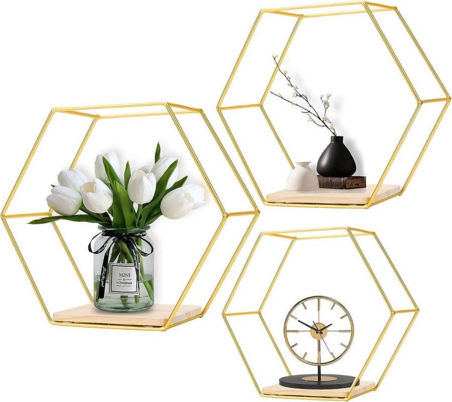 Metalen zeshoekige wandrek Europese zeshoekige geometrische lijn design wandrek met houten planken voor woning werkkamer slaapkamer woonkamer hal (goud x 3)