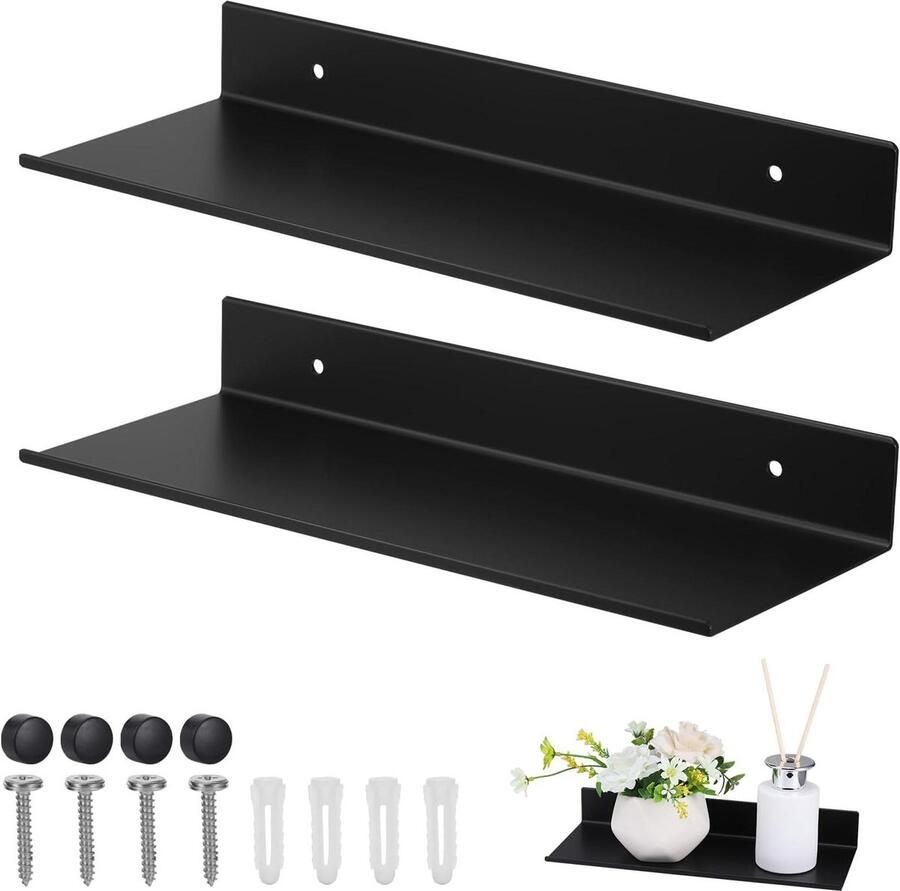 Metalen zwevende planken badkamerplank organizer 2 stuks zwart roestvrij staal 30 cm