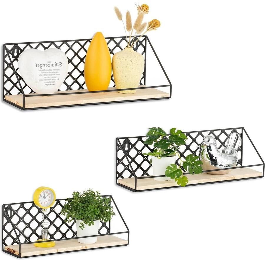 Metalen Zwevende Planken Voor Aan De Muur Rustieke Houten Wandplank Set 3 Wandplanken Voor Planten Figuur Decoratieve Wandplanken Slaapkamer Woonkamer Badkamer Keuken Kantoor