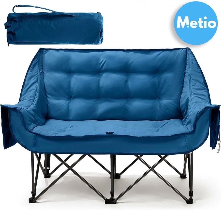 Metio – Dubbele Opvouwbare Campingstoel voor 2 Personen – Extra Groot & Gewatteerd Luxe Love Seat voor Festival Tuin & Picknick – Blauw