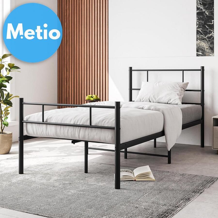 Metio Eenpersoons Bedframe 90x190 cm Solide Metalen Lattenbodem & Hoofdeinde Onderbed Opslag Zwart