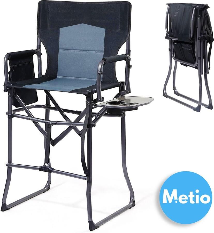 Metio – Hoge Inklapbare Campingstoel met Zijtafel & Voetensteun – 76 cm Zithoogte Bekerhouder Zijvak & Draaggreep – Stevig Staal 160 kg Draagkracht – Zwart