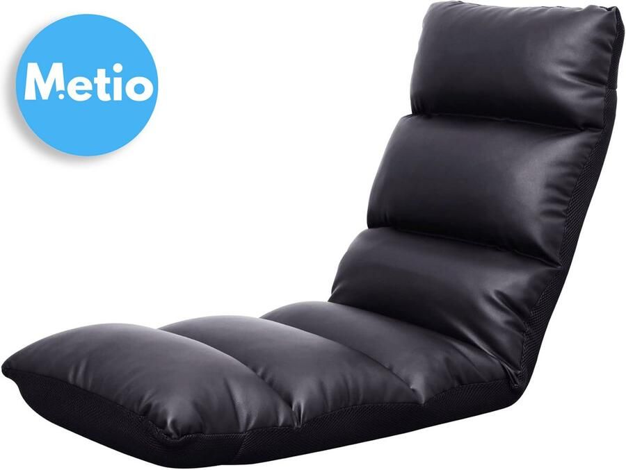 Metio – Inklapbare Gamingstoel met Verstelbare Rugleuning (90°-180°) – Console Vloerstoel met Hoofdsteun Extra Zachte Vulling & Duurzaam Metalen Frame – Zwart
