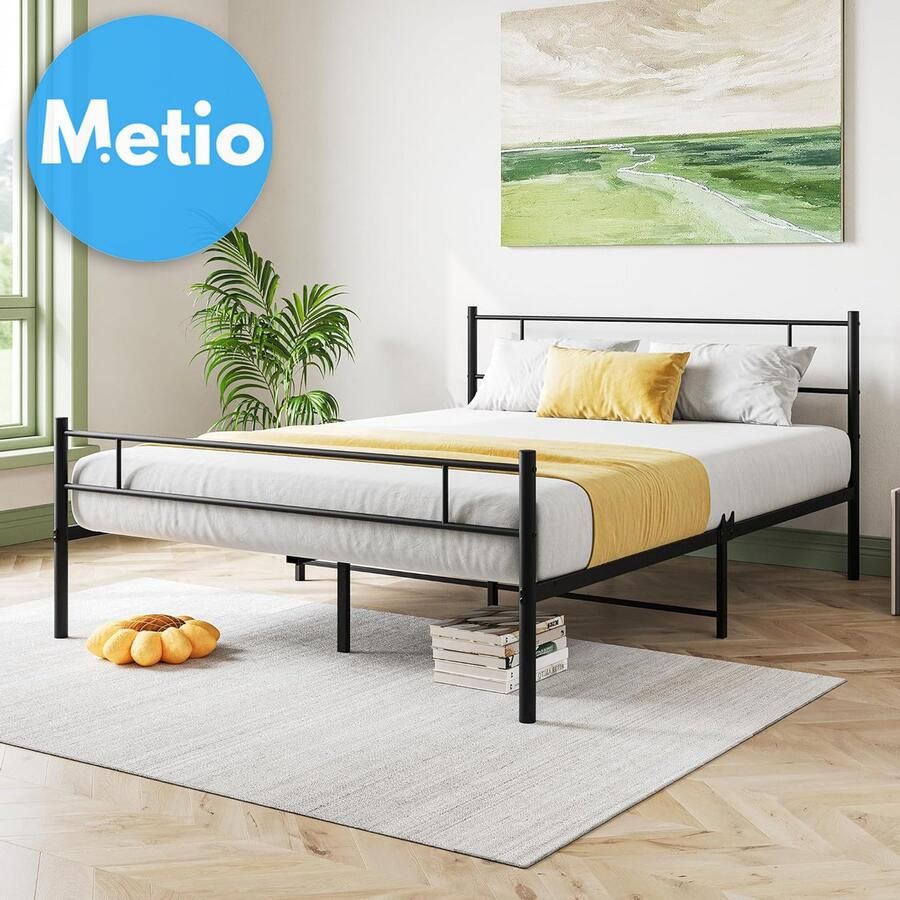 Metio Kingsize Bedframe 150x200 cm Metalen Lattenbodem & Hoofdeinde Piepbestendig Zwart