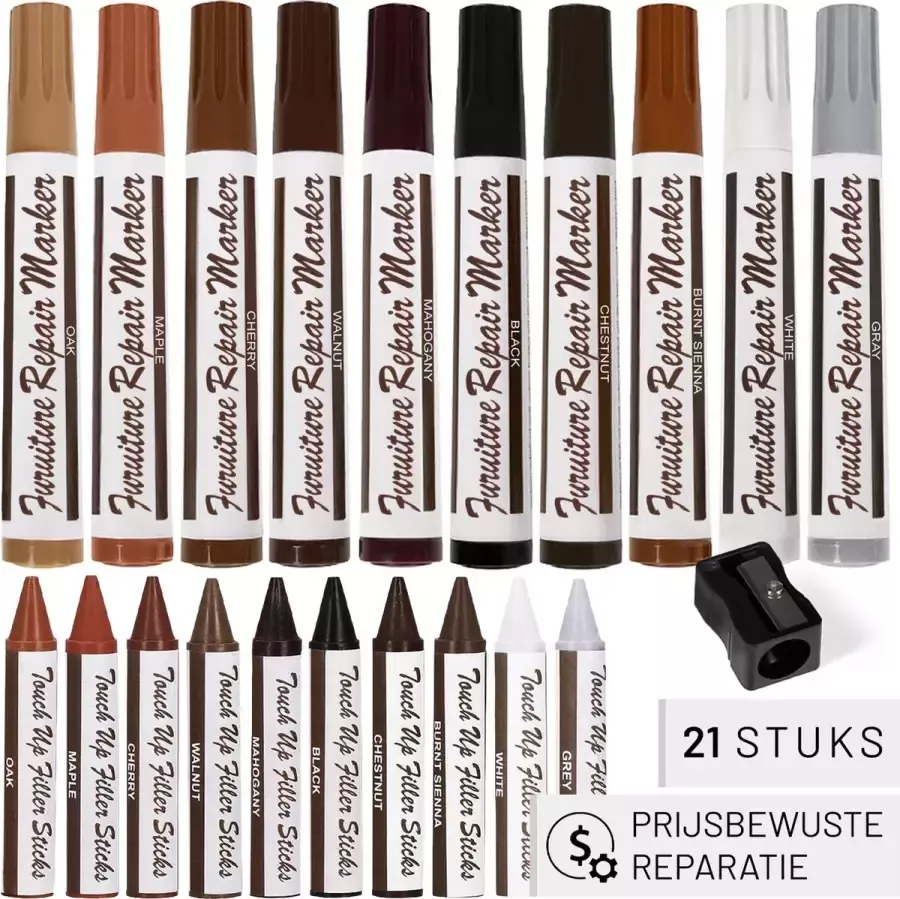 Meubelstiften voor reparatie – Meubelmarker – Laminaat reparatie set – Wax krijtjes – 21 stuks Inclusief puntenslijper – kleuren houtsoorten – Meubelstift – Meubel reparatie stift