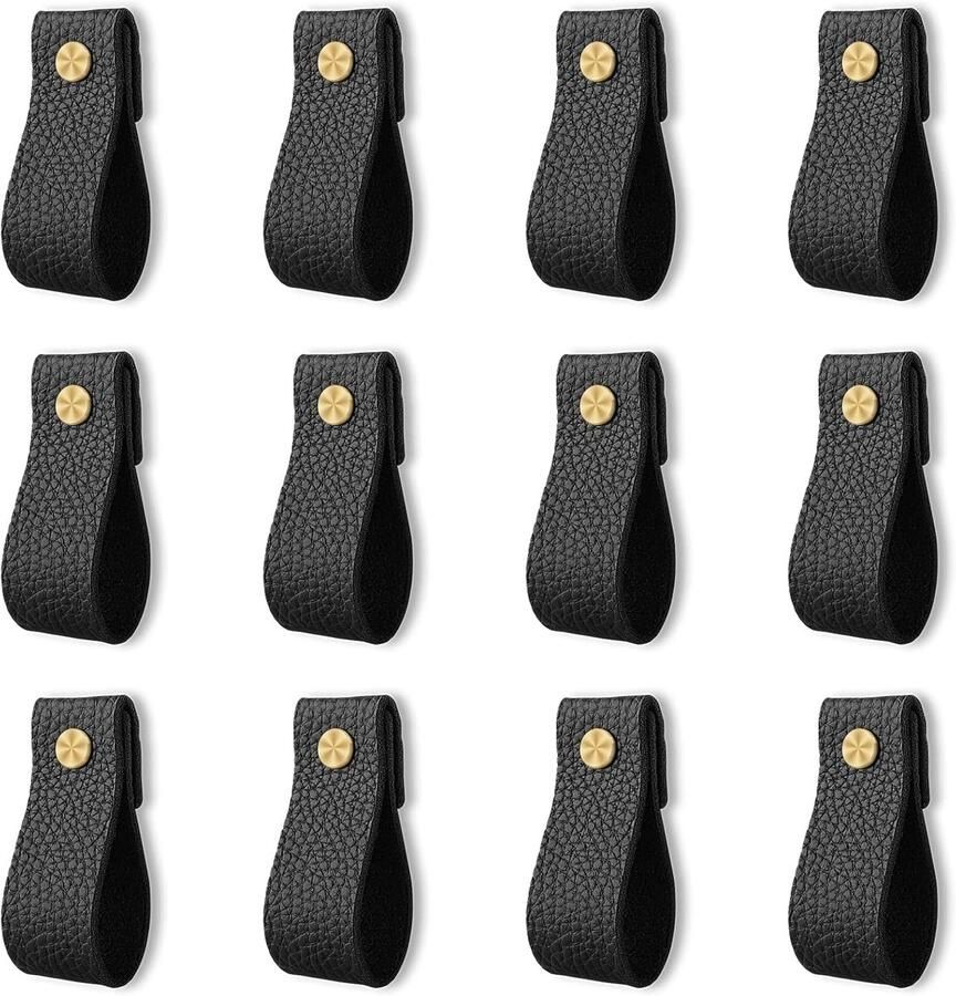 KZQ 12 stuks leren ladegrepen leren handgrepen leren grepen kastgrepen handgemaakte leren knoppen kastbeslag voor dressoirs ladedeuren en kasten zwart