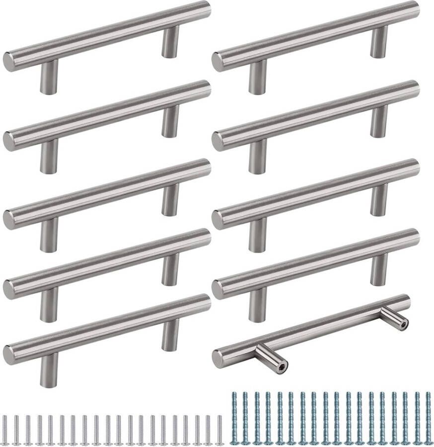 Meubelgrepen 10 stuks 128 mm gatafstand kastgrepen zilver deurgrepen keuken kast roestvrij staal keukengrepen geborsteld ladegrepen T-stanggreep