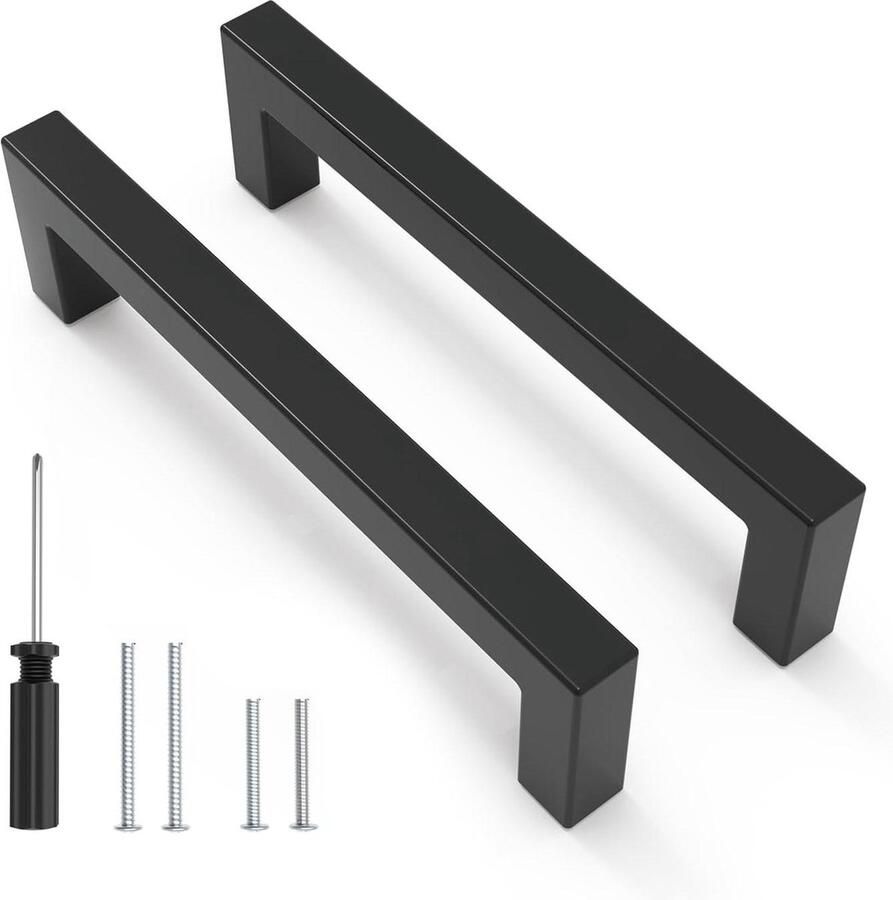 Meubelgrepen 12 stuks Roestvrij staal Vierkant Zwarte handgrepen 128 mm Inclusief schroeven en schroevendraaier