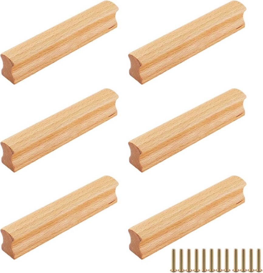 Meubelgrepen van hout 6 stuks kastgrepen van hout met schroeven gatafstand 128 mm massief houten handgrepen voor keukenkasten meubels laden houtkleur