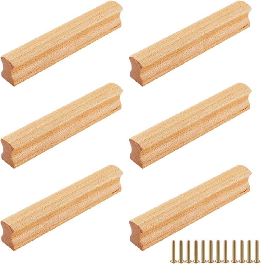 Meubelgrepen van hout 6 stuks kastgrepen van hout met schroeven gatafstand 160 mm massief houten handgrepen voor keukenkasten meubels laden houtkleur