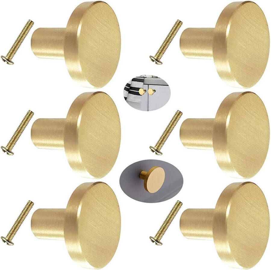 Meubelknoppen goud kastknoppen messing handgrepen voor lades rond 28 mm hardware massief messing rond enkel gat klein handvat voor kastdeuren en ladeladen met schroeven (pak van 6)