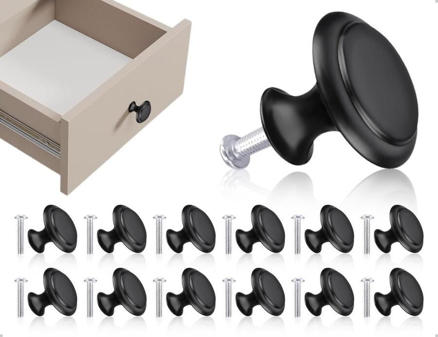 Allecto Plus 12 stuks meubelknoppen roestvrij staal vintage keukenkasten lade badkamer zwart 30 mm met schroeven Geschikt voor kantoor en commerciële ruimtes