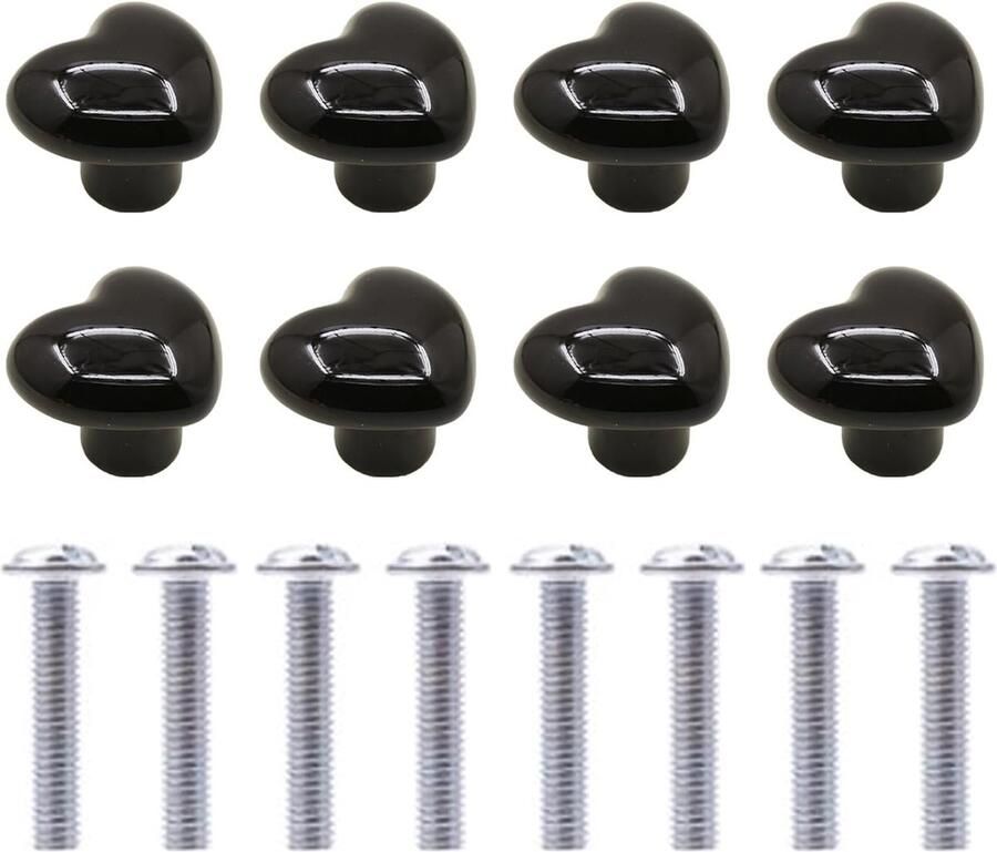 Meubelknoppen kastknoppen set van 8 hartvormige keramische kastduwknoppen knop keramische hartvormige handgrepen voor kast ladeknoppen met schroeven (Zwart)