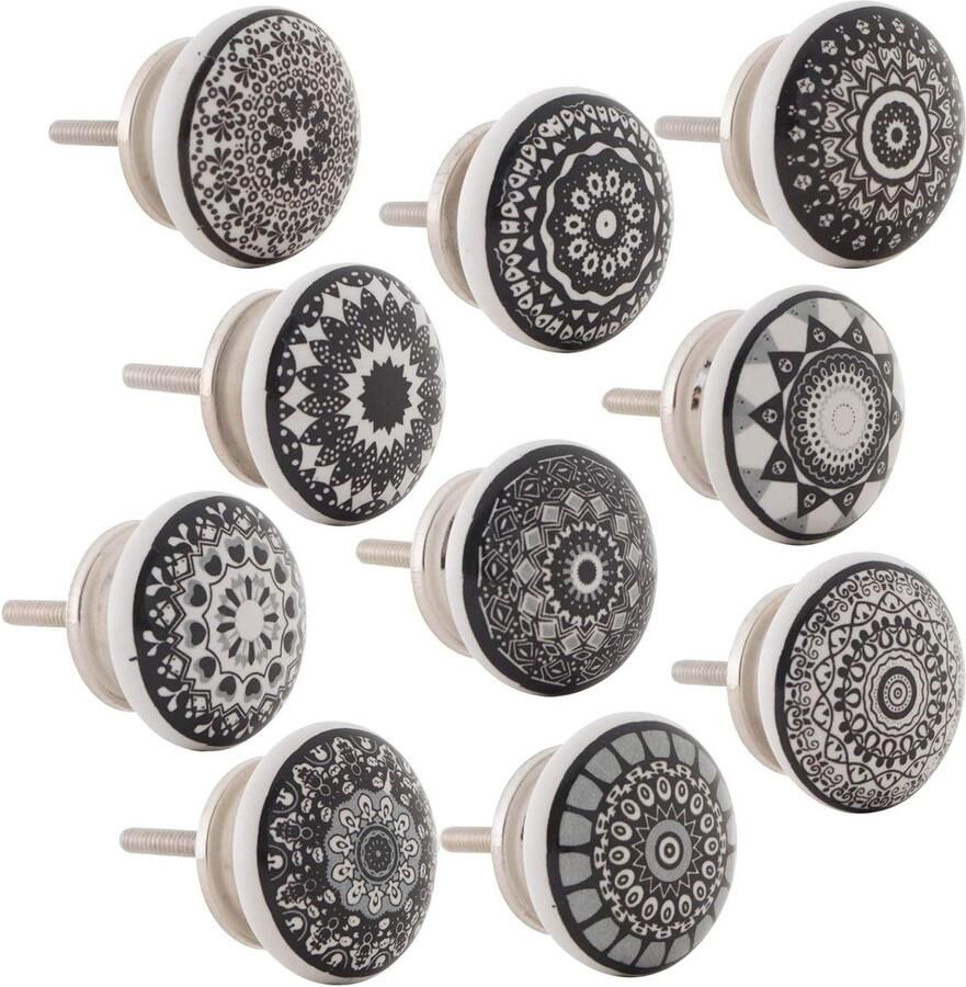 Meubelknoppen keramiek Mandala Energy Shabby-Chic Set van 10 Zwart-wit Kastknoppen deurgreep kastknoppen kinderkamer