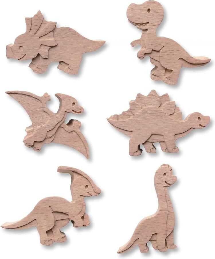Meubelknoppen kinderkamer (dino's 6 stuks) houten dierenknoppen voor commode of als kindergarderobe van beukenhout