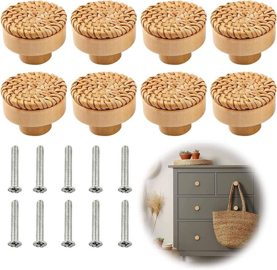 Meubelknoppen rotan 8 stuks 40 mm kastknoppen rotan commode ladeknoppen hout boho decoratieve houten knoppen natuurlijke kastgrepen houten meubelgrepen knoppen kast houten handgrepen voor