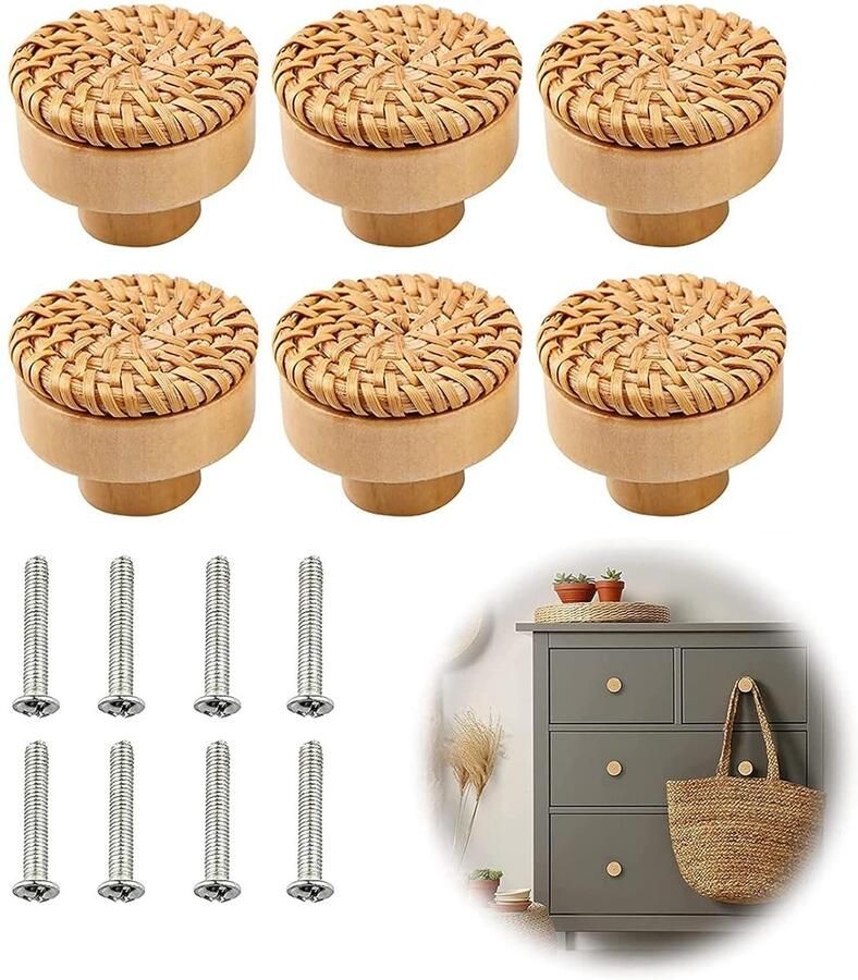 Rotan meubelknoppen met schroeven 40 mm meubelknoppen hout boho-decoratie kastknoppen commodeknoppen natuur meubelknoppen voor kast laden woonkamer keukenkasten (6 stuks)