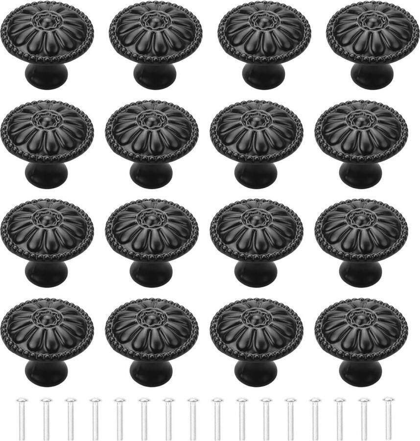 Meubelknoppen set van 16 kastknoppen bloemenpatroon ronde ladegrepen meubelknop zwarte dressoirknoppen ladeknoppenset kastknop voor meubels ladekast