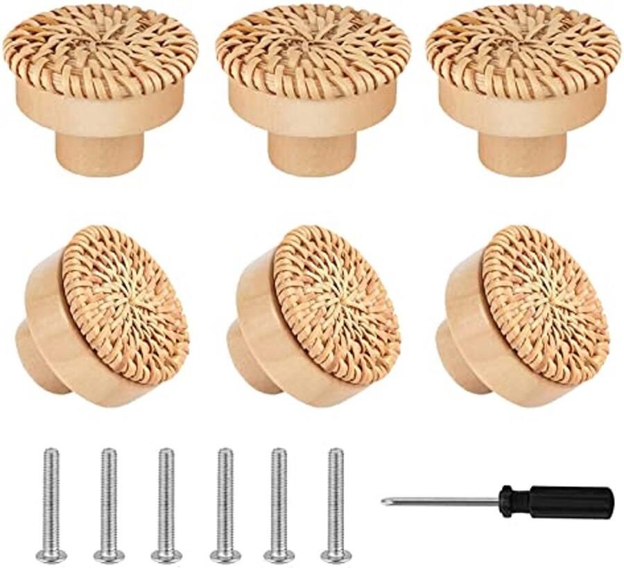 Meubelknoppen set van 6 Rotan en houten kastknoppen voor boho decoratie