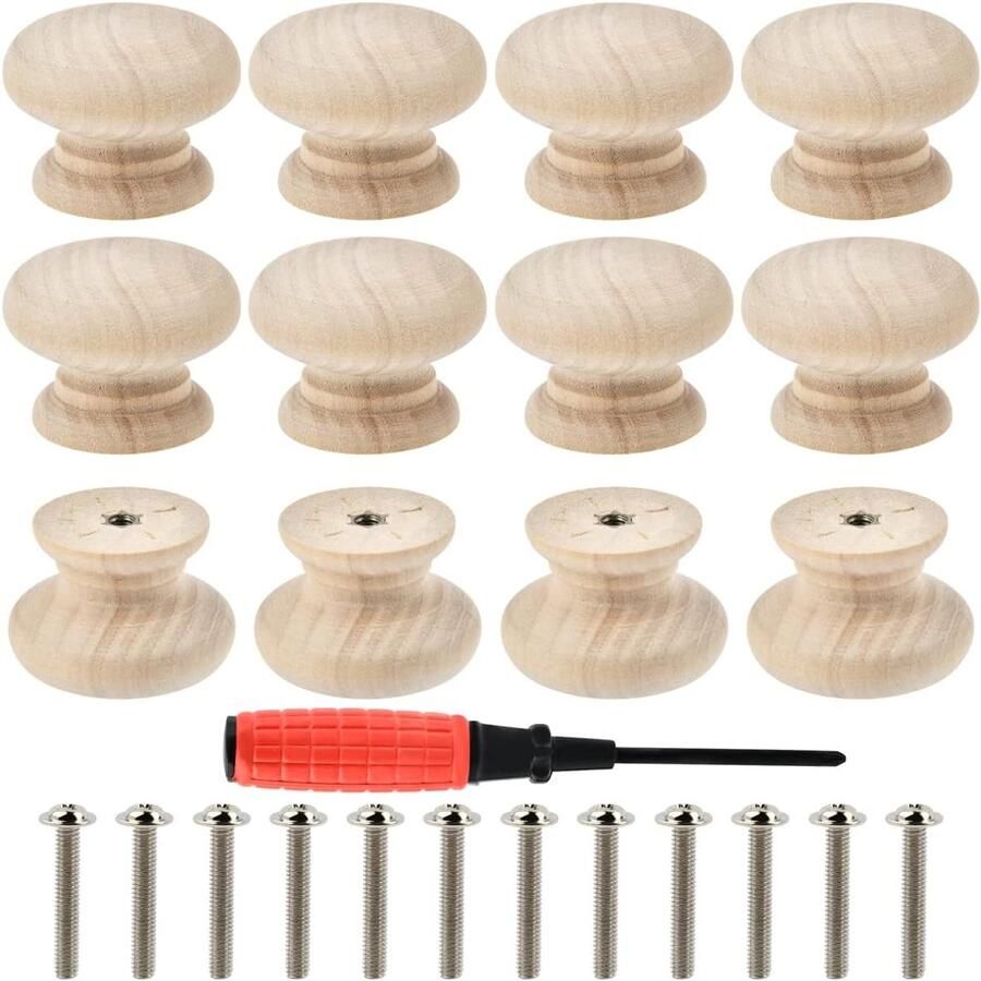 Meubelknoppen van natuurlijk hout 12 stuks ronde houten knoppen voor deuren 3 5 × 2 5 cm ronde handgreep ladeknoppen met schroevendraaier lange schroeven voor kasten nachtkastjes keuken decoratie