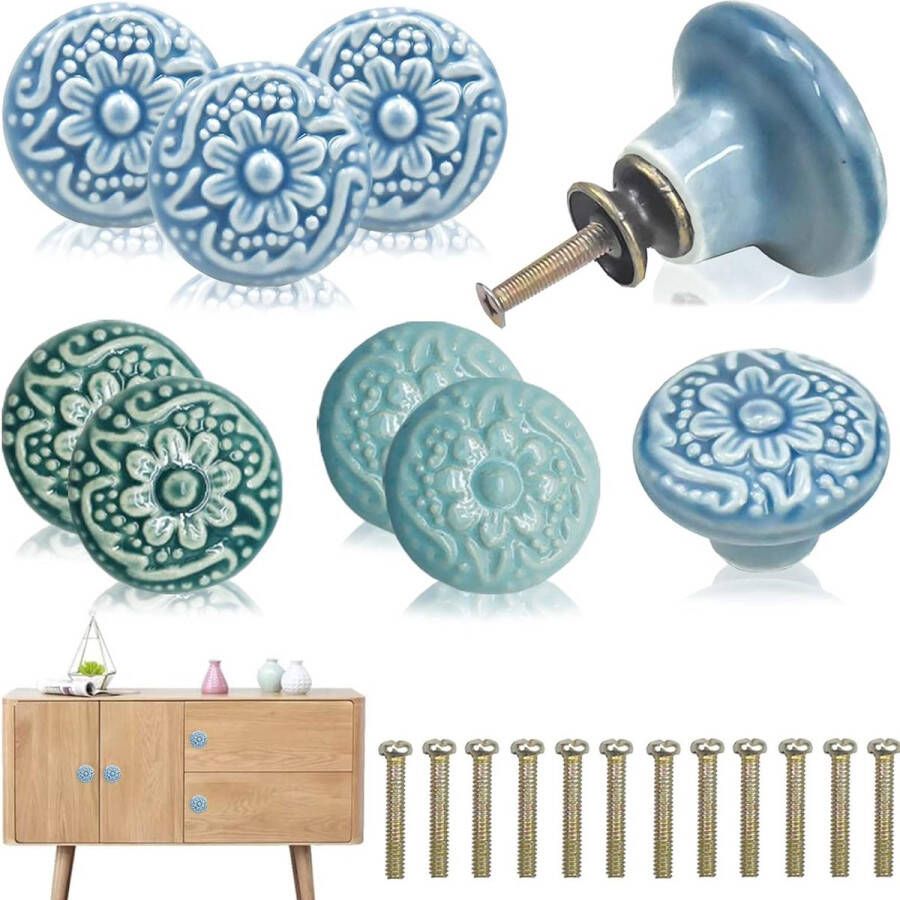 Meubelknoppen vintage 12 stuks kastknoppen keramische reliëf ornamentknop voor kast handgreep met één gat met schroeven deurknoppen voor dressoirladen