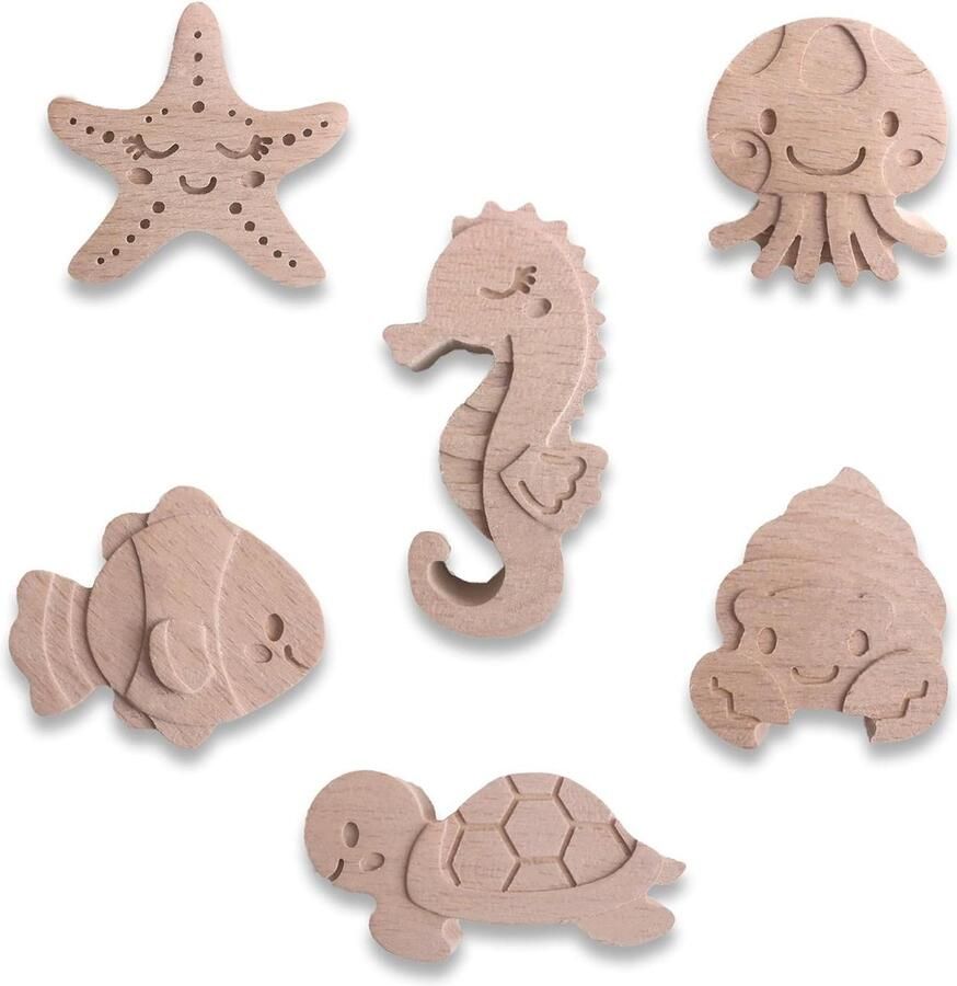 Meubelknoppen voor kinderkamer Zeedieren 6 pack Houten dierenknoppen voor ladekast Beukenhout