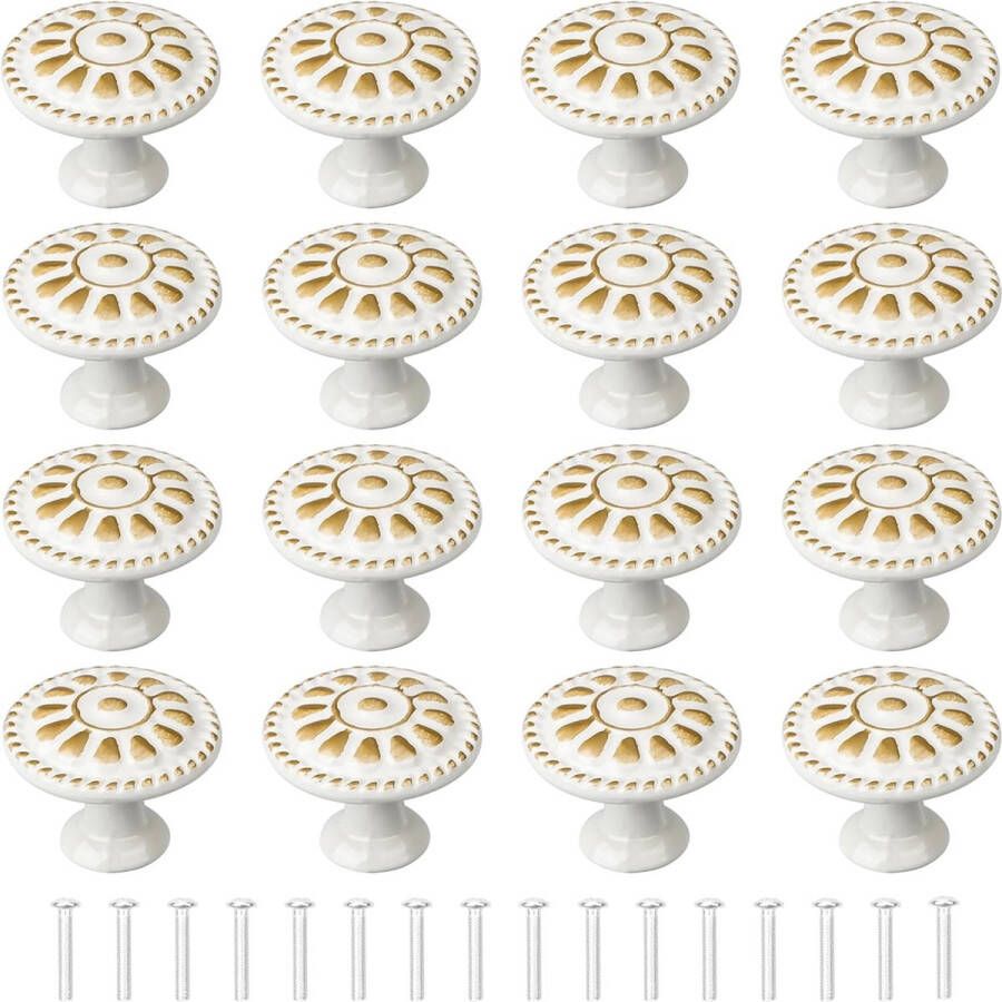 Meubelknoppen Wit 16 Stuks Kast Knoppen Bloemen Patroon Ronde Lade Handgrepen Meubelknop Witte Commode Knoppen Set Kast Knop Voor Meubilair Commode Knoppen