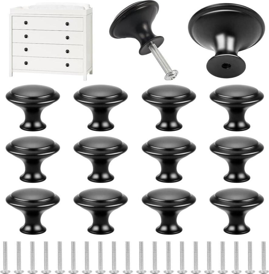 Meubelknoppen zwart 30 mm roestvrij staal Set van 12 Ronde ladegrepen voor kasten Inclusief schroeven Voor lades keuken badkamer kledingkasten