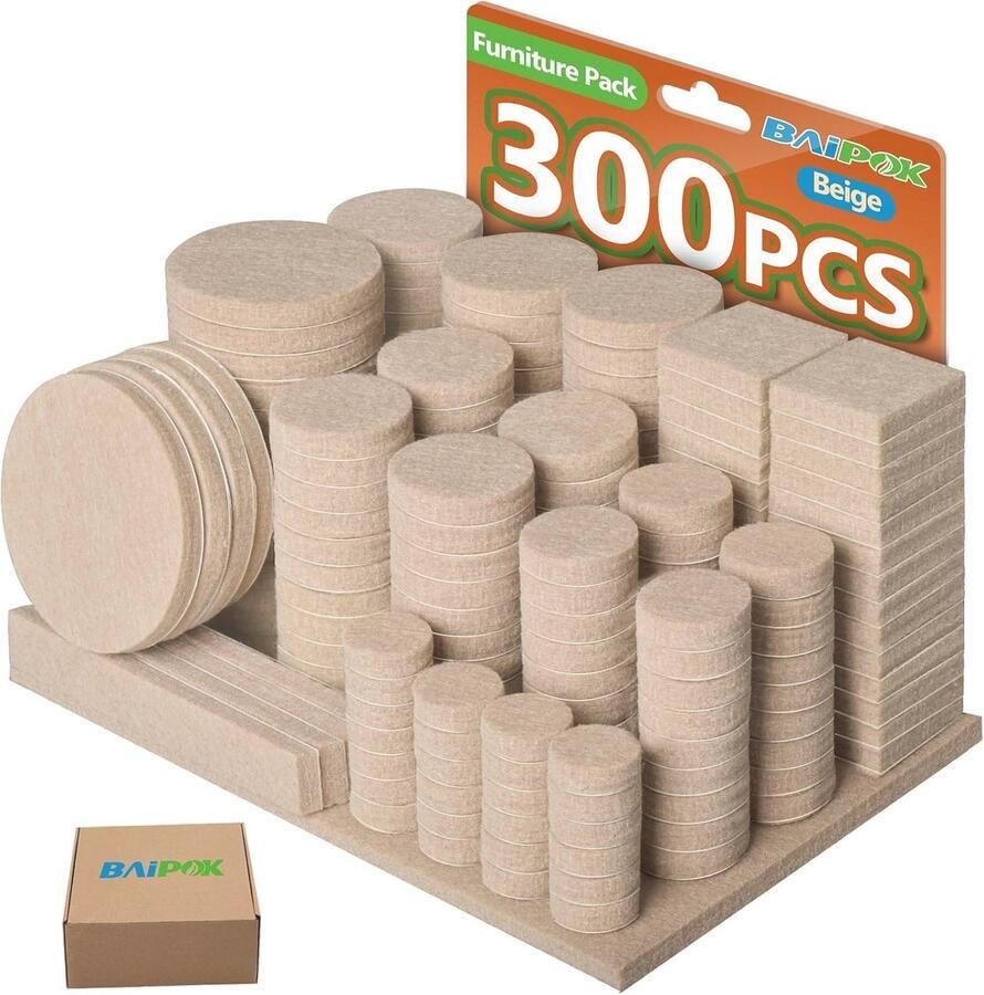 300 stuks beige vilten meubelpads anti-kras 10 maten zelfklevende stoelpootkussens vloerbeschermers voor meubels met 60 kastdeurbumpers Vloerbeschermer