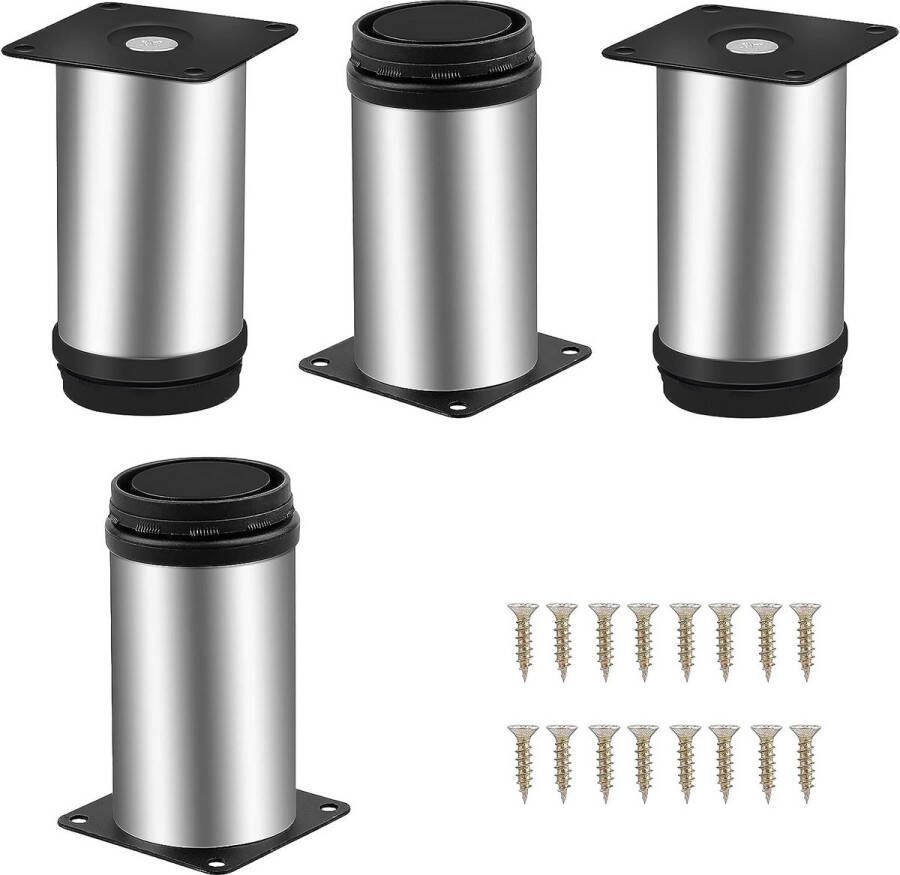 Meubelpoten 4 stuks diameter 50 mm hoogte 100 mm in hoogte verstelbare sokkelpoten van roestvrij staal ronde zilveren tafelpoten verstelbare bedpoten sokkelpoten van metaal steunpoten met 16 schroeven voor meubels