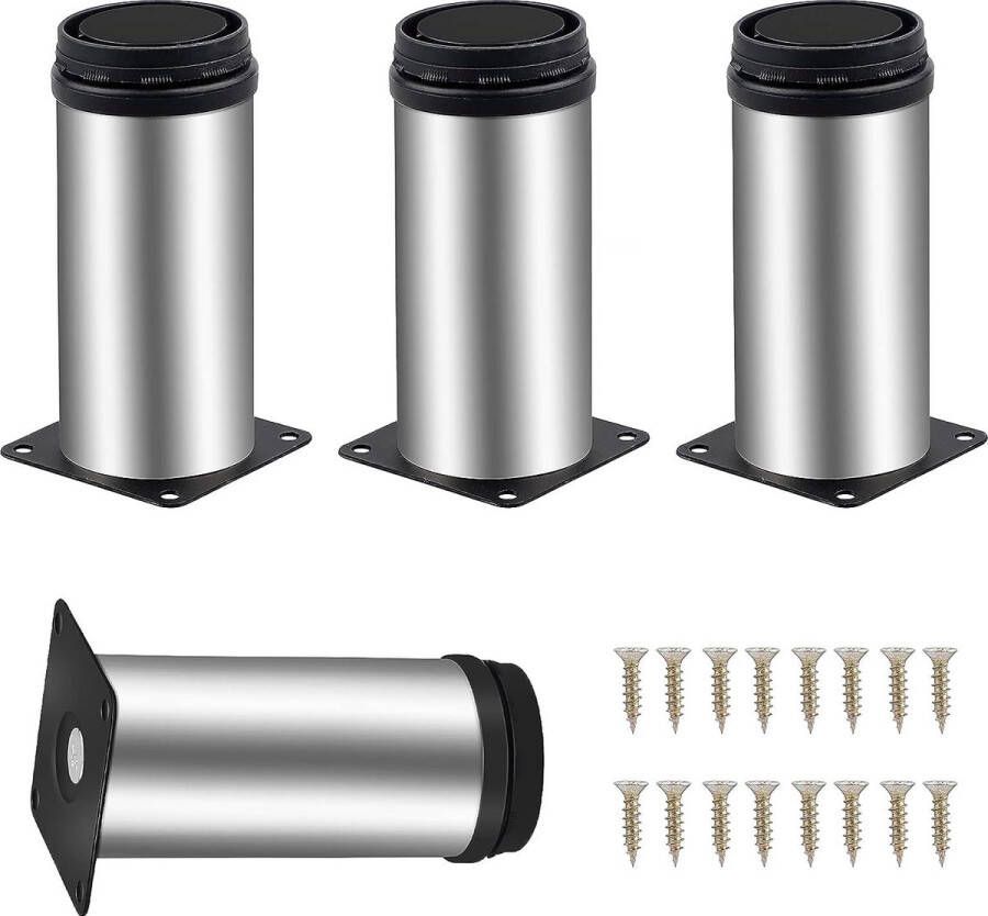 Meubelpoten 4 stuks diameter 50 mm hoogte 120 mm in hoogte verstelbare sokkelpoten van roestvrij staal ronde zilveren tafelpoten verstelbare bedpoten sokkelpoten van metaal steunpoten met 16 schroeven voor meubels