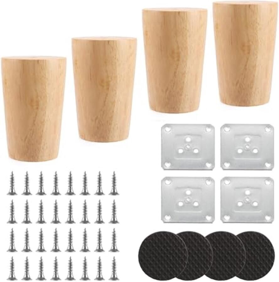 Meubelpoten 6 cm Houten Tafelpoten voor Bank Bed en Kast Robuuste en Zware Belastbaarheid Inclusief Bevestigingsplaten en Schroeven