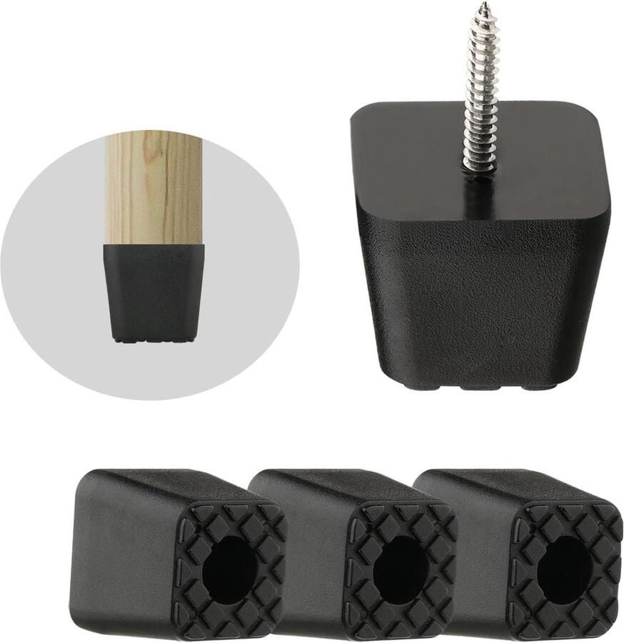 Meubelpoten zwart vierkante rubberen buffer voor bescherming van meubels set van 8 met schroeven afmetingen 3.0*3.0*2.5 cm