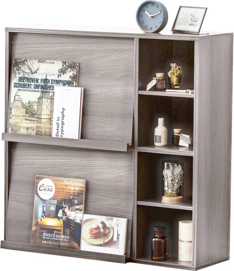 Iris Ohyama Furniture Shelving Bookcase with 2 Hinged Doors and 4 Compartments Modular Office Bedroom Living Room Dining Room oak grey 2 double doors