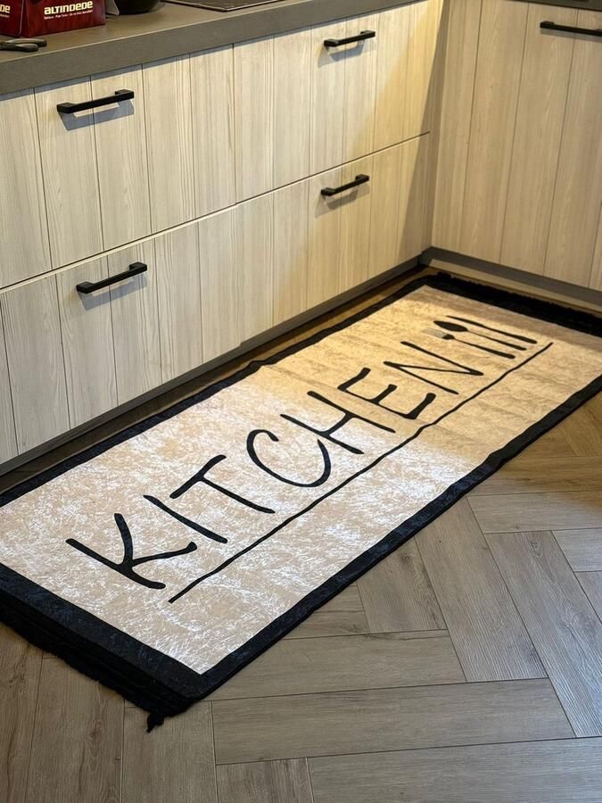 Mevaz Keukenloper Kitchen beige black 80x200 cm Vloerkleden Keuken Tapijt Keukenmat Loper Tapijt Loper Vloerkleed
