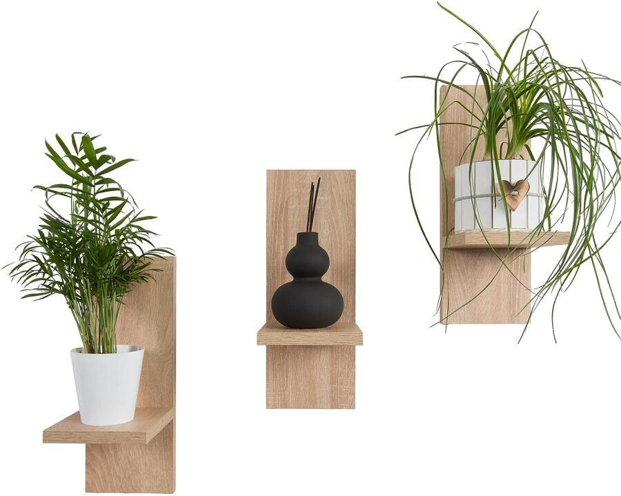 Mex-System bloemenplank set van 3. Stijlvolle houten wandplank voor uw planten en wanddecoratie (Sonoma eiken)